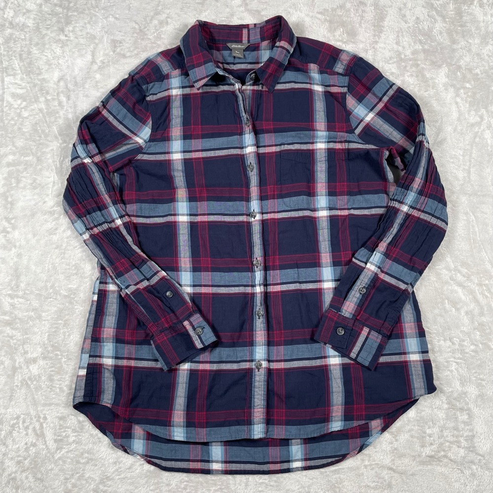 Eddie Bauer Women's Plaid Button Down Shirt Long Sleeve Red Blue Large